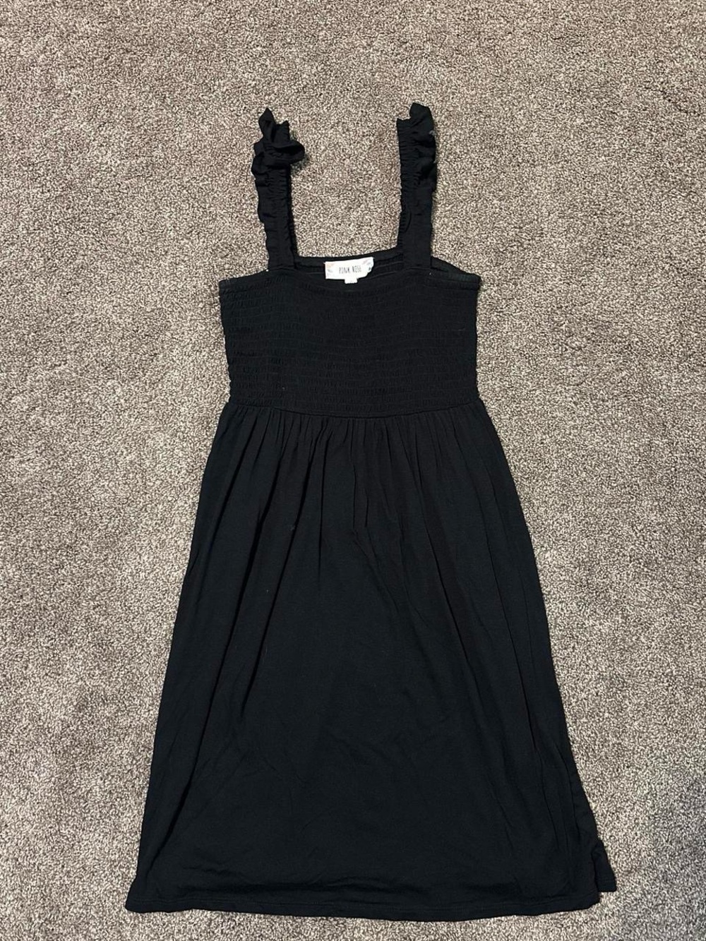 Pink Rose Black Smocked Bodice Ruffle Strap Midi Dress